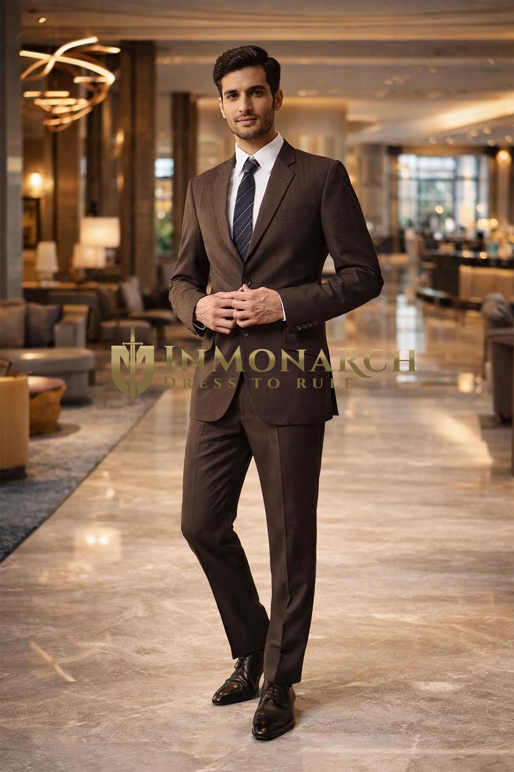 Mens Brown Linen 4 Piece Suit Notch Lapel Groom Wedding Formal Outfit