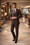 Mens Brown Linen 4 Piece Suit Notch Lapel Groom Wedding Formal Outfit