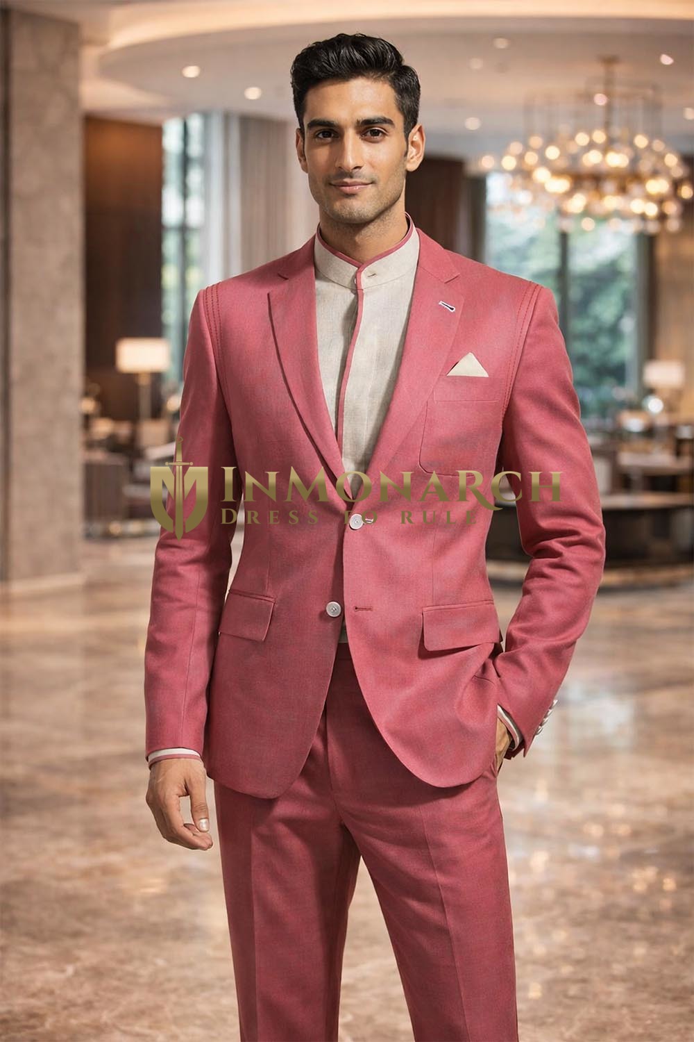 Mens Pink Linen 4 Piece Suit Notch Lapel Groom Wedding Formal Outfit