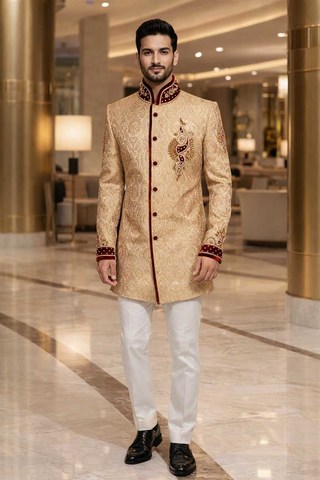 Costume Jodhpuri doré et bordeaux mariage