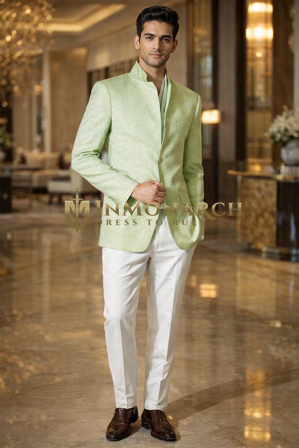 Mens Light Green Linen Jodhpuri Suit 2 Piece Nehru Collar Wedding Outfit