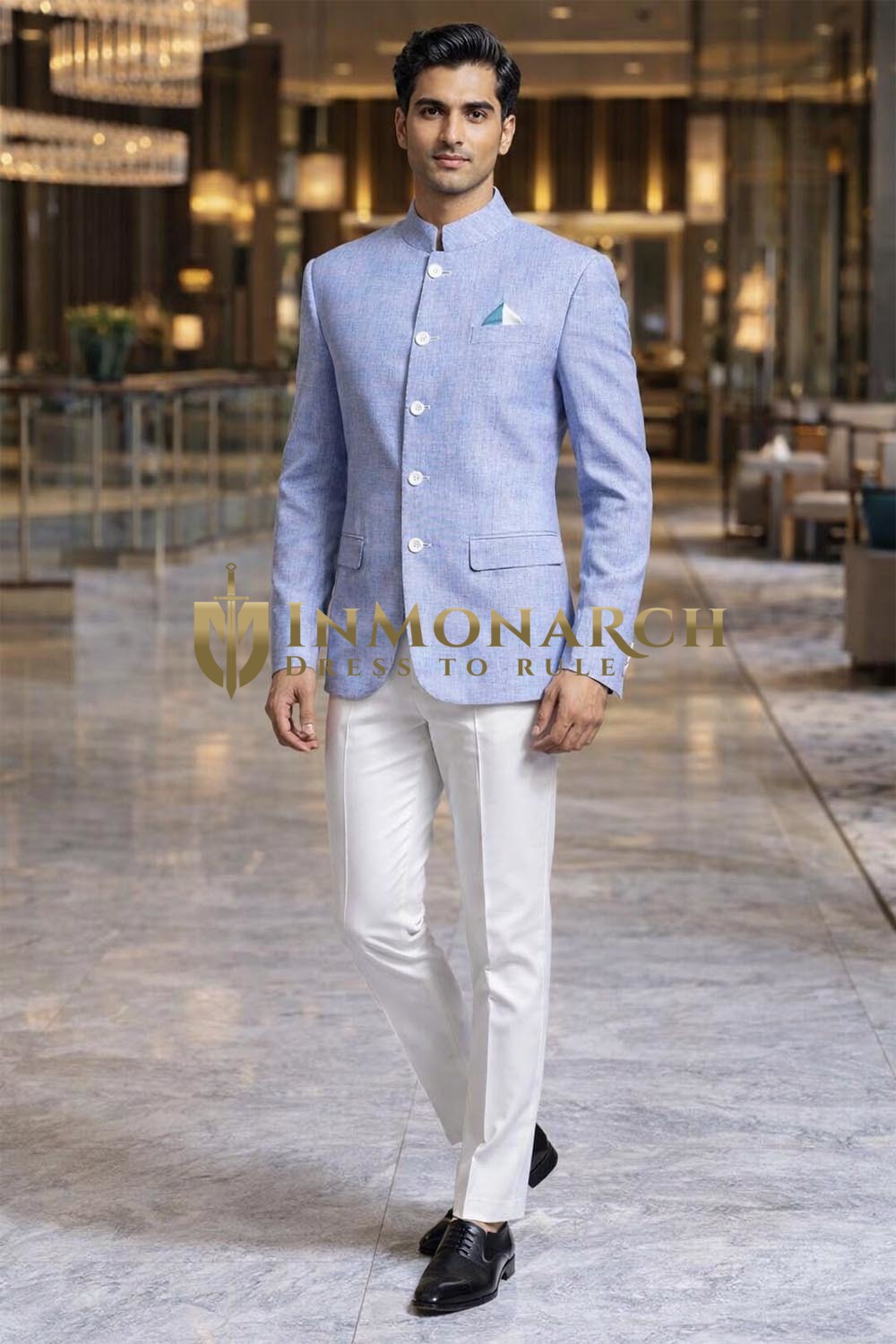 Mens Sky Blue Linen Jodhpuri Suit 2 Piece Nehru Collar Wedding Outfit