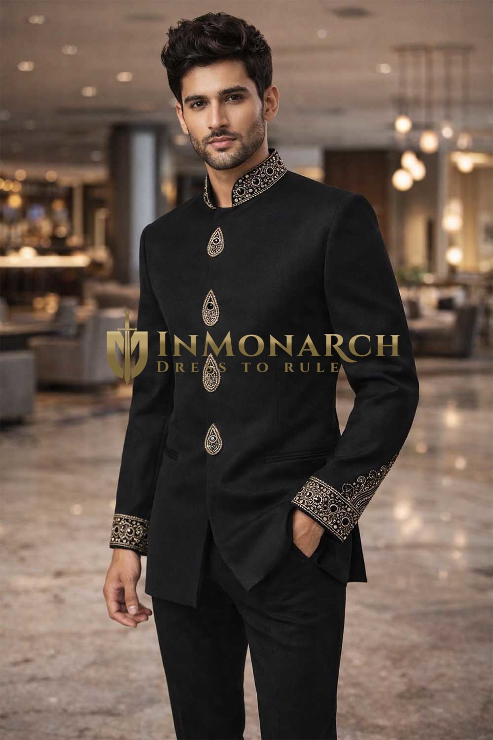 Mens Black Indo Western Outfit Groom Wedding Designer 2Pc Fusion Wear