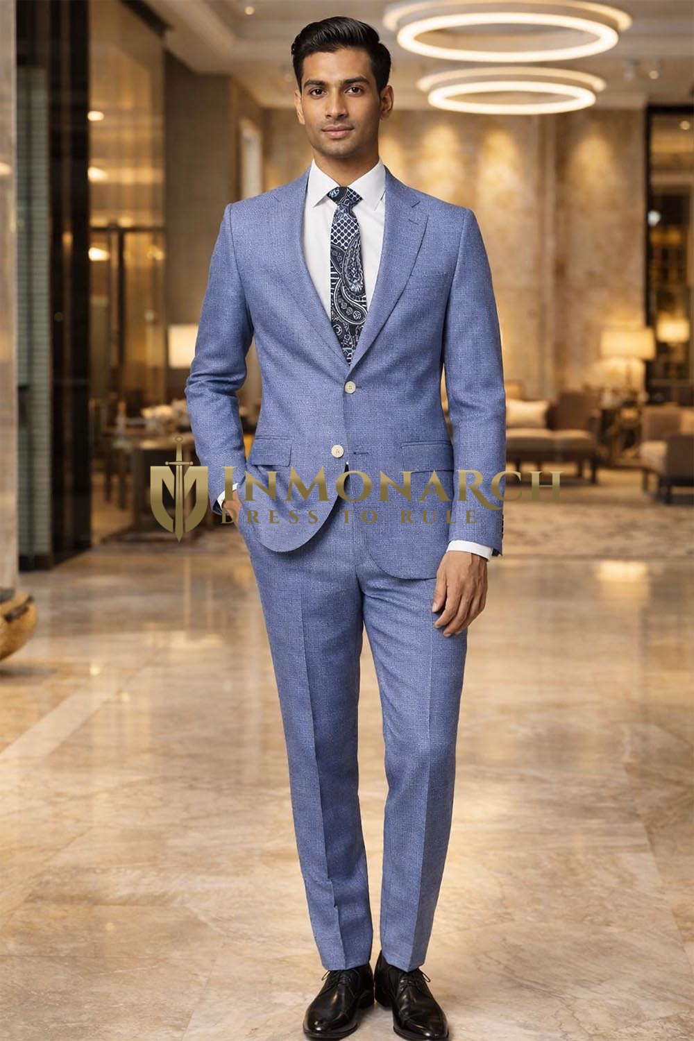 Mens Persian Blue Linen 4 Piece Suit Notch Lapel Groom Wedding Formal Outfit