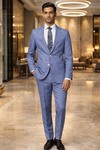 Mens Persian Blue Linen 4 Piece Suit Notch Lapel Groom Wedding Formal Outfit