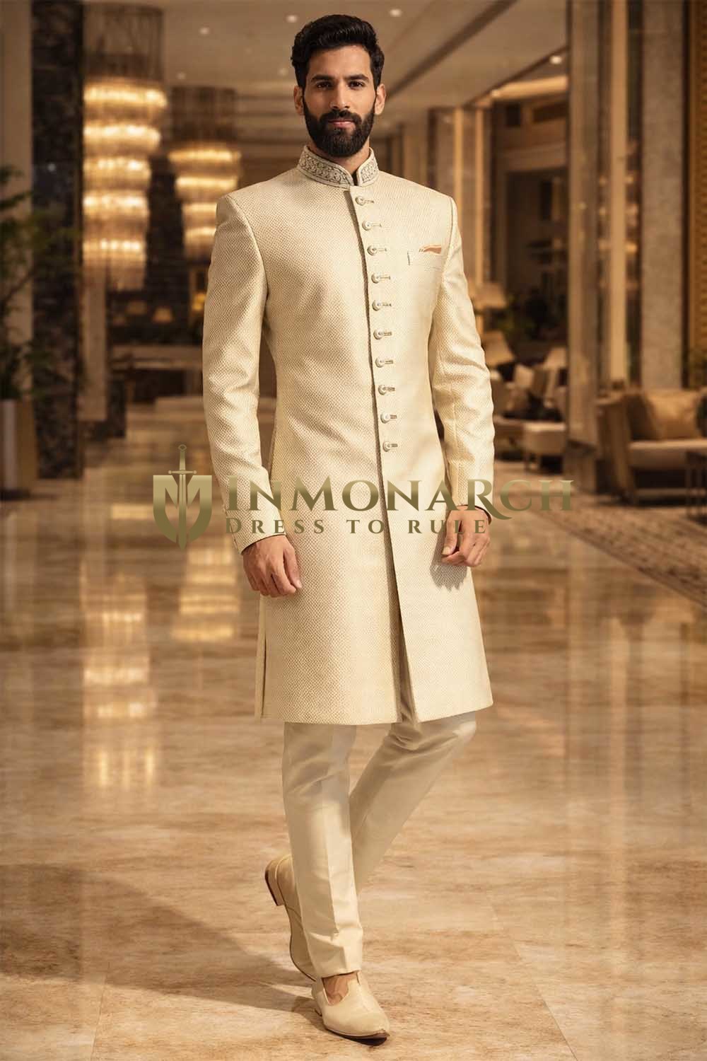 Mens Light Yellow Indo Western Outfit Groom Wedding Designer 3Pc Fusion