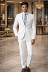 Mens White Linen 4 Piece Suit Notch Lapel Groom Wedding Formal Outfit