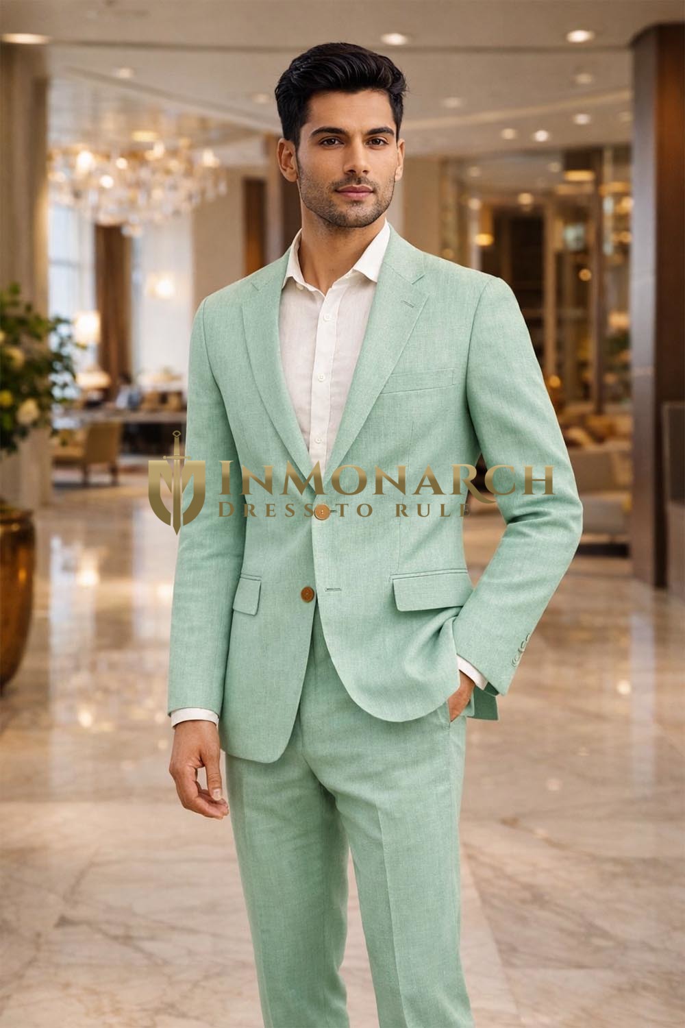 Leinenanzug grüngrau Strandhochzeit