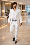 Mens White Linen 2 Piece Tuxedo Suit Peak Lapel Groom Wedding Outfit