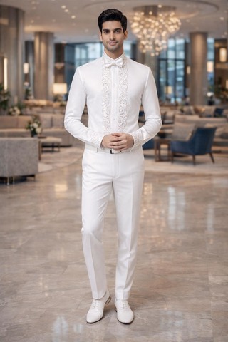 Mens Cream Embroidered Nehru Collar Shirt Wedding Designer Dress Shirt Formal Set