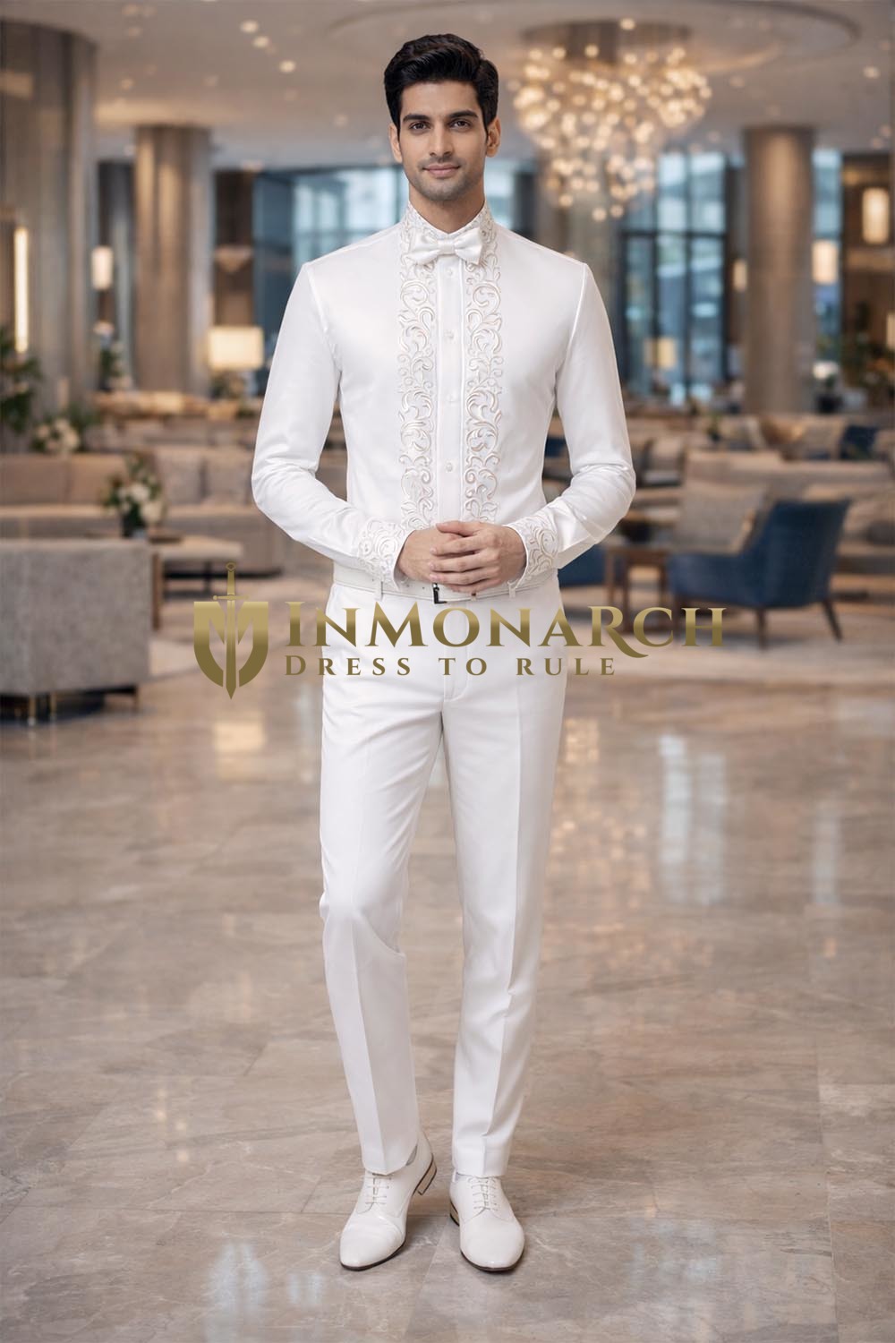 Mens Cream Embroidered Nehru Collar Shirt Wedding Designer Dress Shirt Formal Set