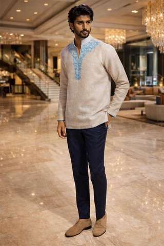 Mens Beige Linen Tunic Shirt Short Length Embroidered Casual Modern Stylish Tops