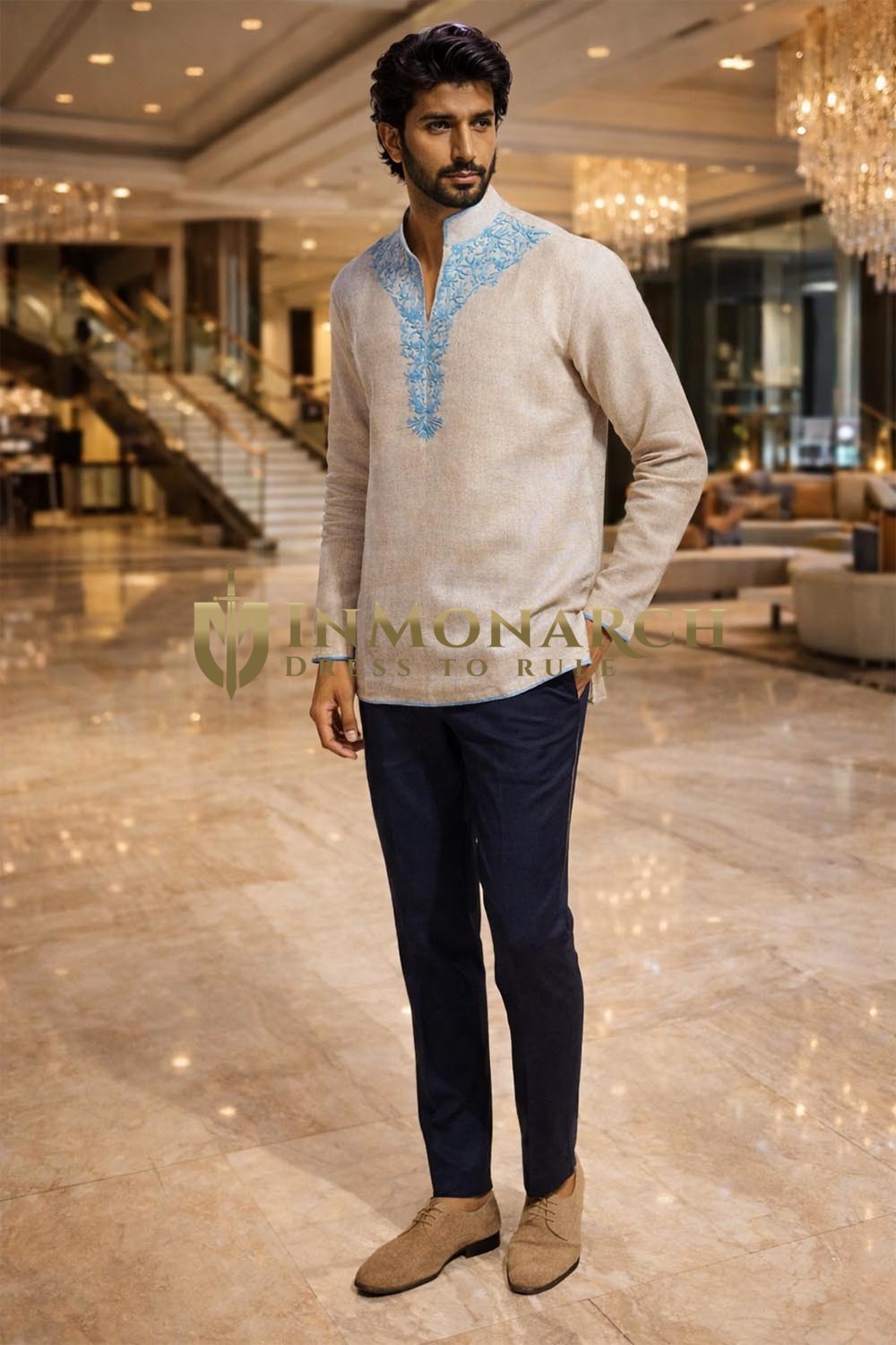 Mens Beige Linen Tunic Shirt Short Length Embroidered Casual Modern Stylish Tops