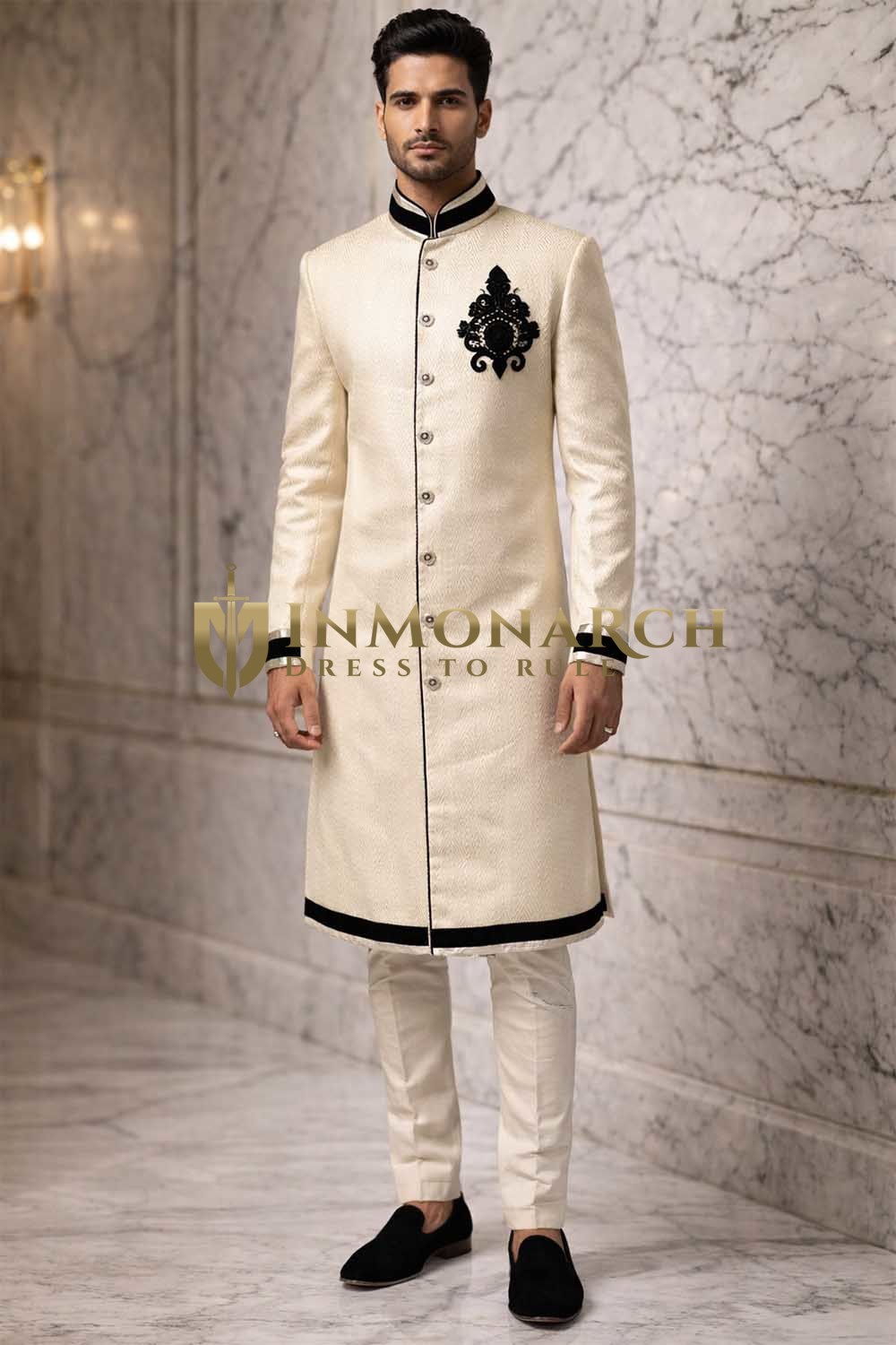 Mens Cream Indo Western Outfit Wedding Designer 2Pc Groom Fusion Wear Set