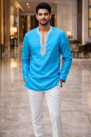 Mens Turquoise Linen Tunic Shirt V Neck Embroidered Casual Modern Summer Tops