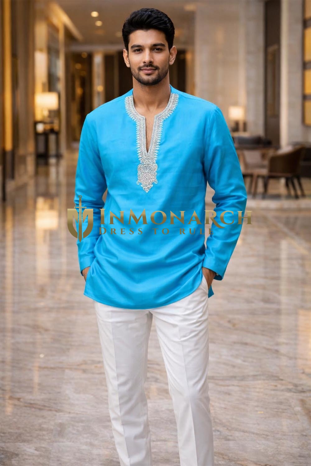 Mens Turquoise Linen Tunic Shirt V Neck Embroidered Casual Modern Summer Tops