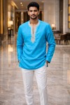 Mens Turquoise Linen Tunic Shirt V Neck Embroidered Casual Modern Summer Tops