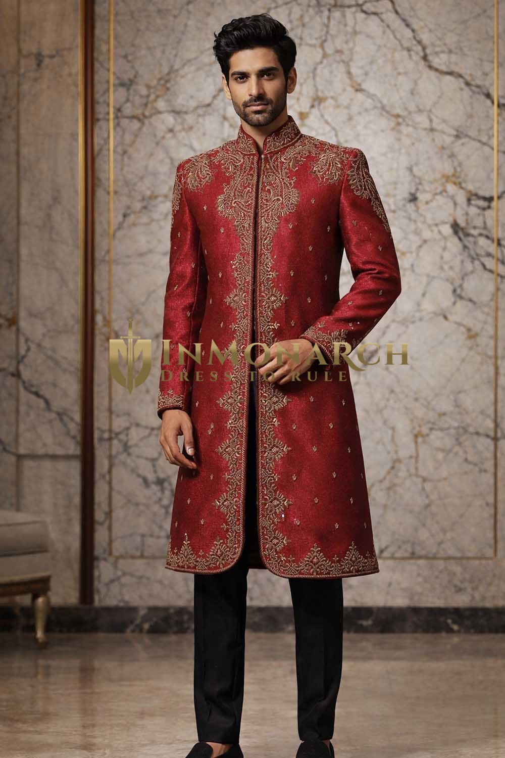 Mens Red Indo Western Outfit Groom Wedding Designer 2Pc Fusion Wear Set