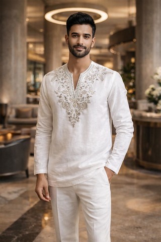 Mens White Linen Tunic Shirt V Neck Embroidered Casual Modern Summer Tops