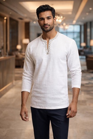 Mens White Linen Tunic Shirt Short Length Embroidered Casual Modern Tops