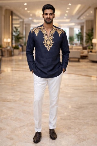 Mens Black Linen Tunic Shirt V Neck Embroidered Casual Modern Stylish Tops