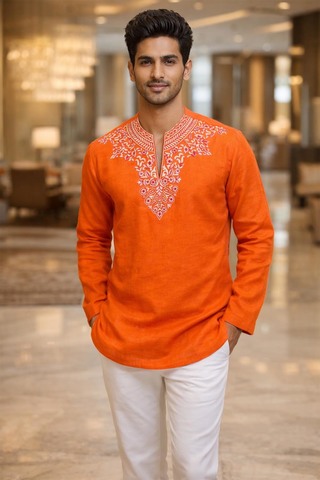 Mens Orange Linen Tunic Shirt V Neck Embroidered Casual Modern Summer Tops