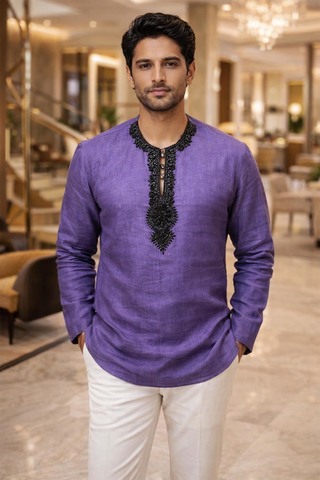 Mens Purple Linen Tunic Shirt V Neck Embroidered Casual Summer Top Stylish Fit X