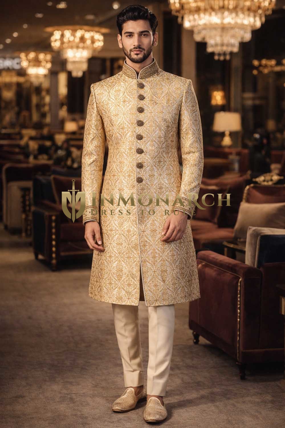 Mens Beige Indo Western Outfit Groom Wedding Designer 2Pc Fusion Wear Set
