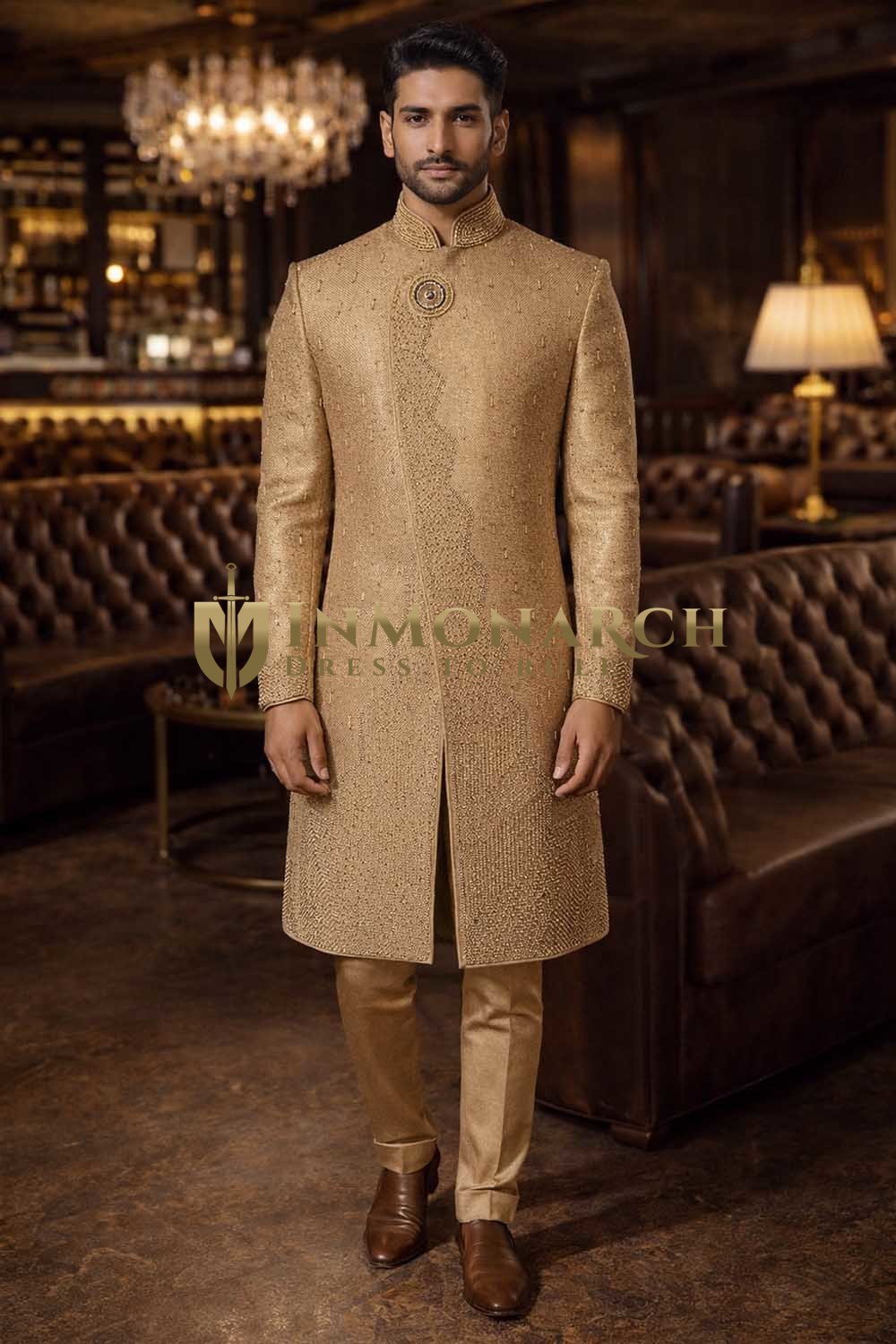 Mens Tan Indo Western Outfit Groom Wedding Designer 2Pc Fusion Wear Set