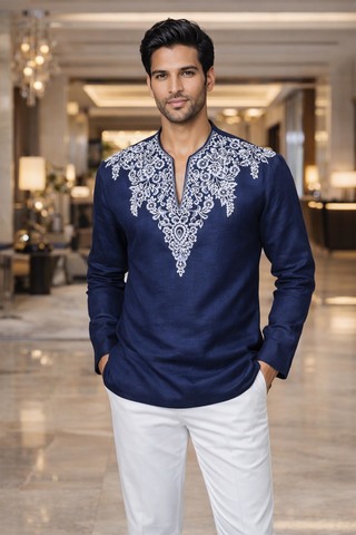 Mens Navy Blue Linen Tunic Shirt V Neck Embroidered Short Kurta Summer Wear