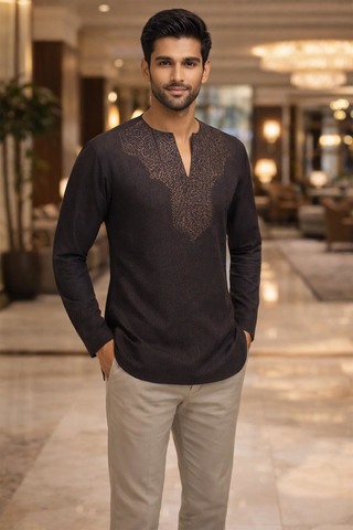Mens Brown Linen Tunic Shirt V Neck Short Kurta Casual Summer Wear Stylish Fit