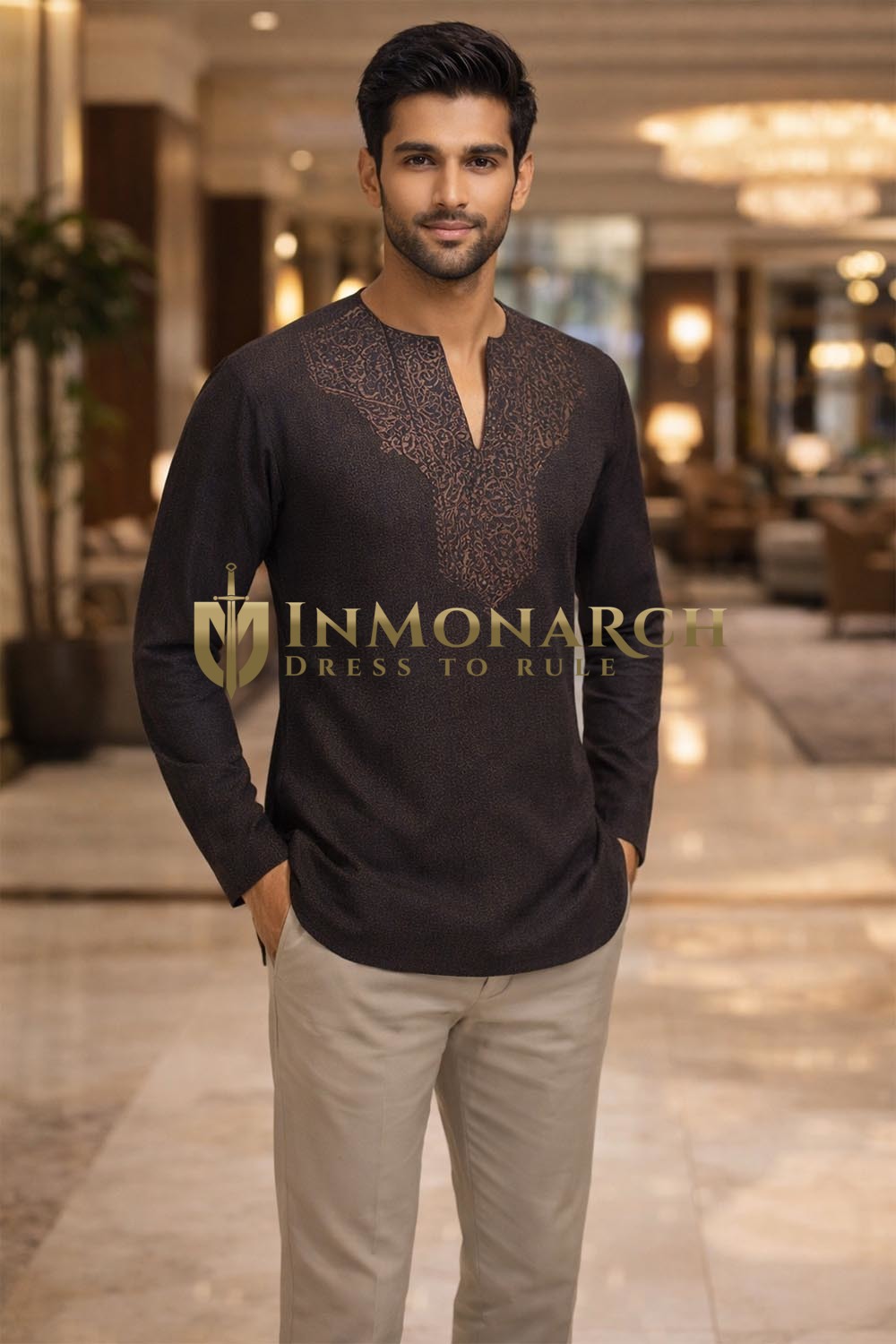 Mens Brown Linen Tunic Shirt V Neck Short Kurta Casual Summer Wear Stylish Fit