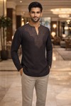 Mens Brown Linen Tunic Shirt V Neck Short Kurta Casual Summer Wear Stylish Fit