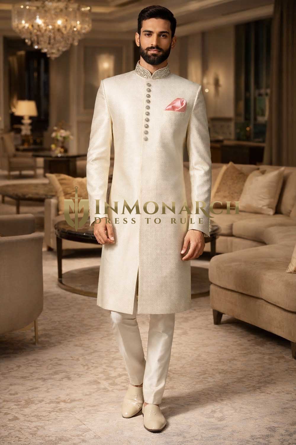 Mens Cream Indo Western Outfit Groom Wedding Designer 3Pc Fusion Wear Set