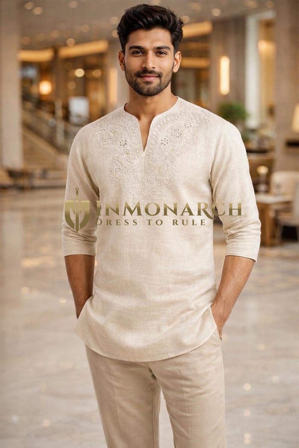 Mens Beige Linen Tunic Shirt Embroidered Short Kurta Casual Summer Wear Fit