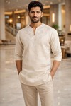 Mens Beige Linen Tunic Shirt Embroidered Short Kurta Casual Summer Wear Fit