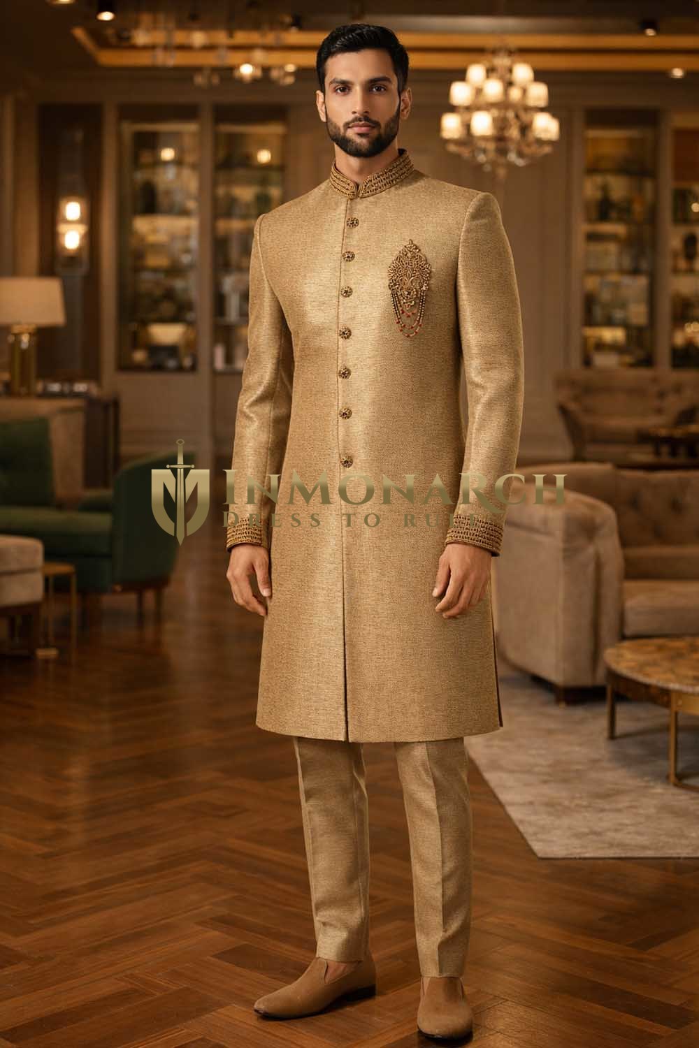Mens Tan Indo Western Outfit Groom Wedding Designer 2Pc Fusion Wear Suit