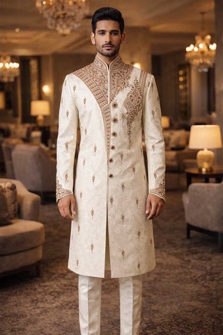 Sherwani indo occidental crème brodé ethnique