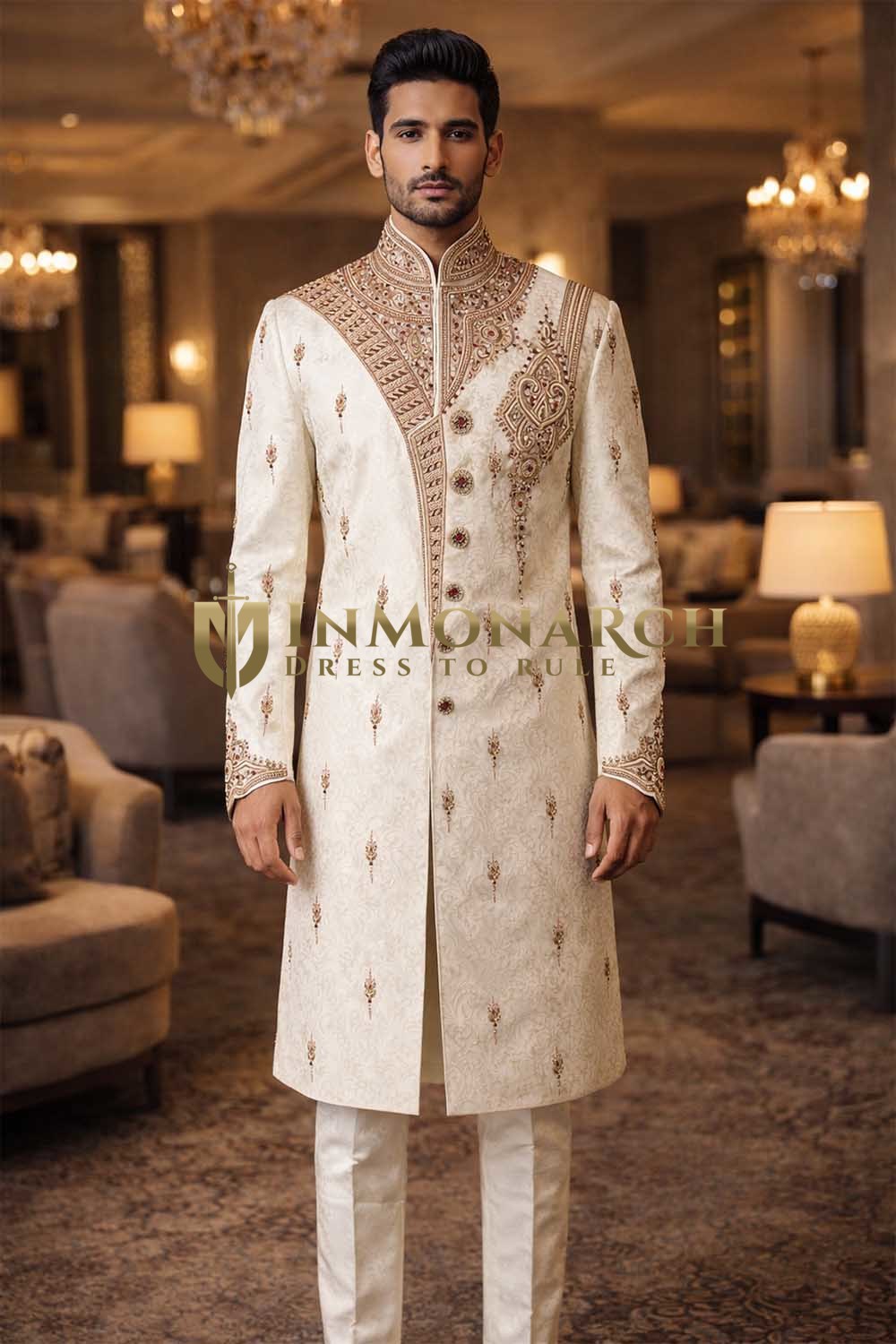 Mens Cream Sherwani for Groom Wedding Embroidered Outfit 2Pc Classic Set