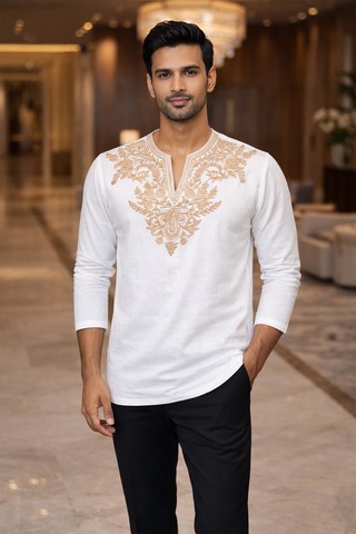 Mens White Linen Tunic Shirt V Neck Embroidered Short Kurta Summer Wear Fit