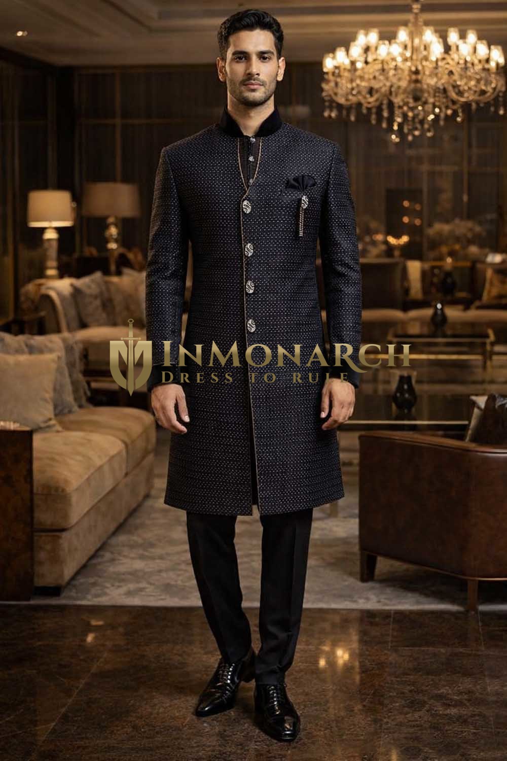 Mens Black Sherwani for Groom Wedding Designer Embroidered 4Pc Classic Set