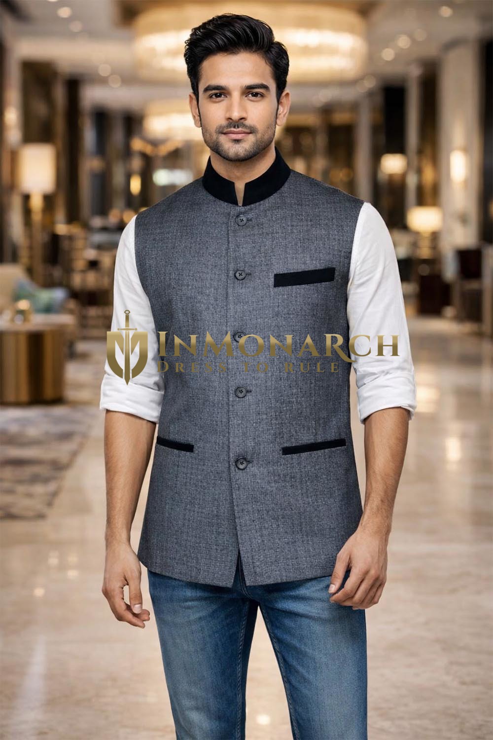 Mens Dark Gray Linen Nehru Vest 5 Button Waistcoat Wedding Formal Outfit