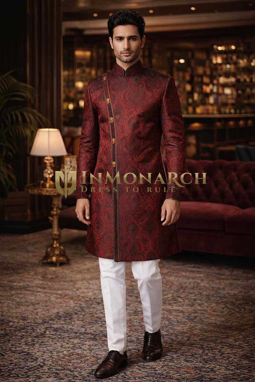 Costume angrakha indo marié bordeaux