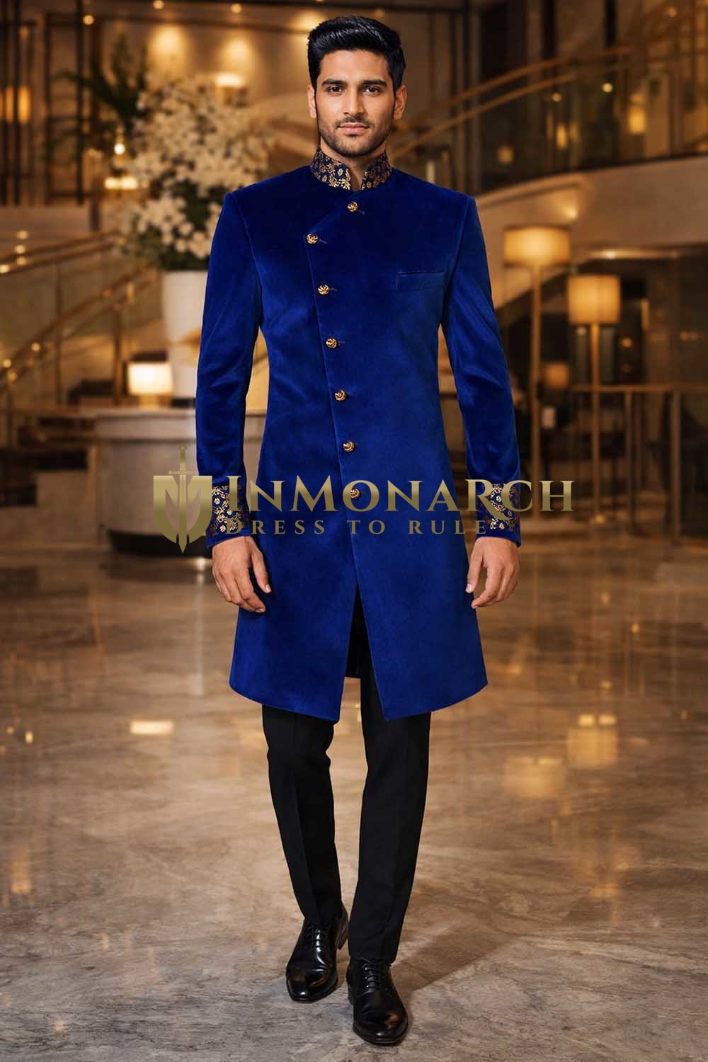 Mens Blue Indo Western Outfit Groom Wedding Designer 2Pc Angrakha Style
