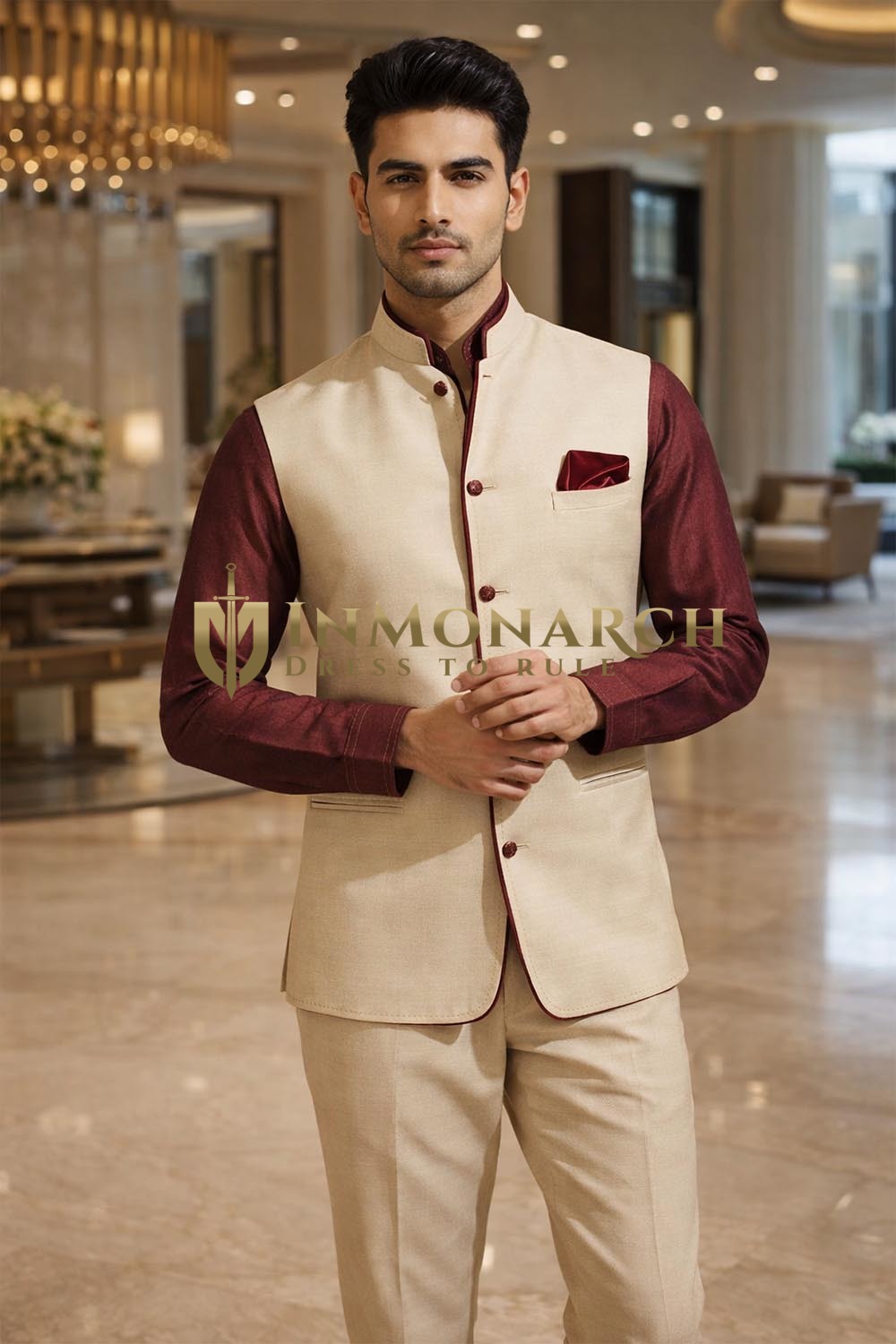 Chaleco Nehru lino crema exclusivo