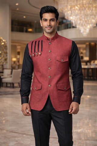 Chaleco Nehru rojo indio lino