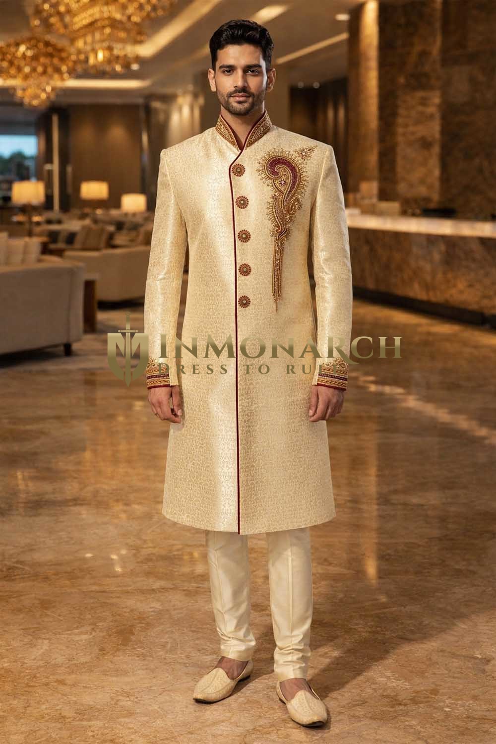Mens Light Yellow Indo Western 2 Pc Angrakha Groom Wedding Outfit Style