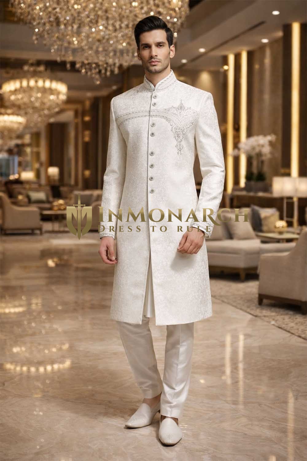 Mens White Sherwani 2 Pc Embroidered Jodhpuri Groom Wedding Outfit Set