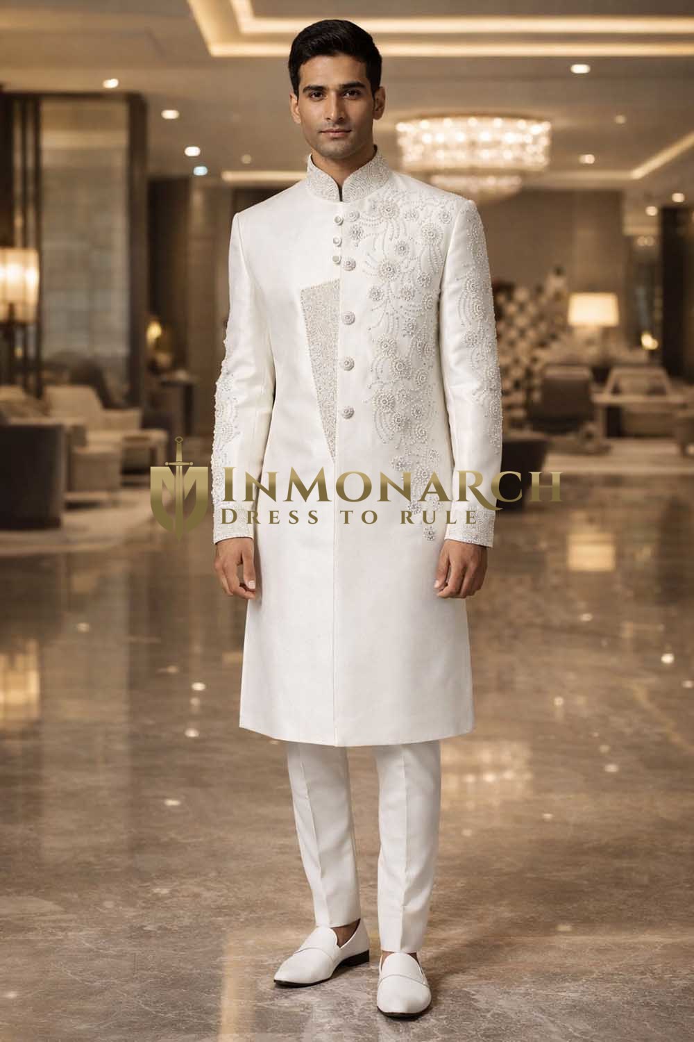 Mens White Indo Western 2 Pc Embroidered Designer Groom Wedding Outfit