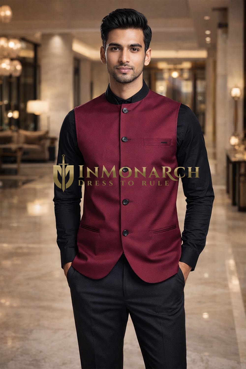 Mens Maroon Nehru Vest Formal Waistcoat Wedding Designer Outfit Wear Premium